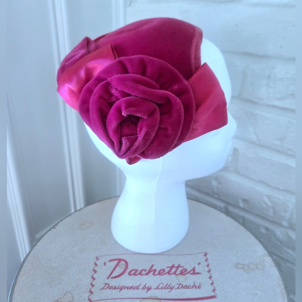 Vtg 1950s Lilly Daché Floral Calot Hat, Ribbon, Velvet, S/7